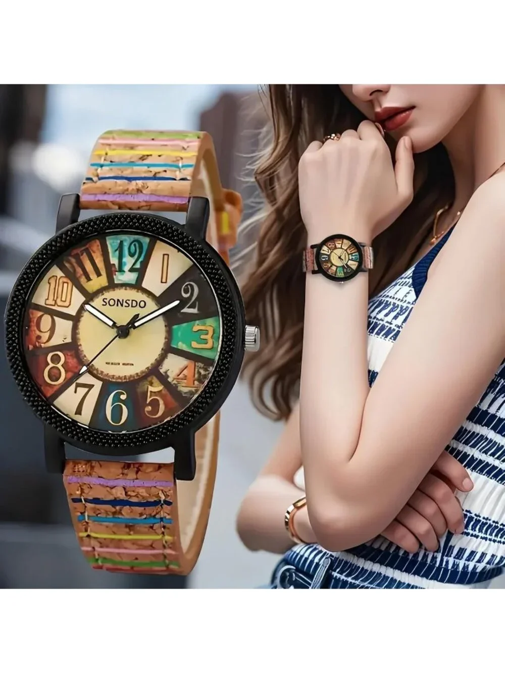 Women's Black Creative Multicolor Woven Strap Fashion Rainbow Pattern Watches